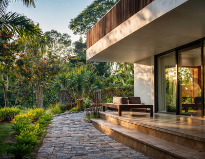 Paisajismo en casa campestre moderna en Colombia